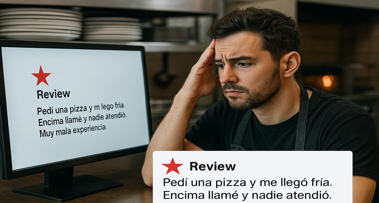 Reseña negativa en pantalla de restaurante con empleado preocupado